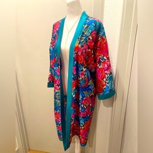 VTG 70s 80s Heather Collection Hot Pink & Teal Blue Florl Kimono Robe Bathrobe